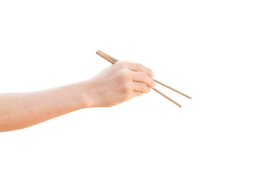 hand holding wooden chopsticks isolated on transparent background - PNG format.