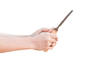 Hand holding old rusty chisel isolated on transparent background - PNG format.