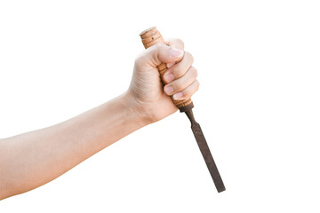 Hand holding old rusty chisel isolated on transparent background - PNG format.