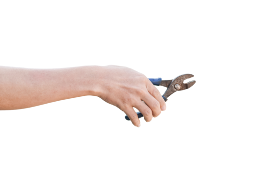 Old rusty pliers in hand isolated on transparent background - PNG format.