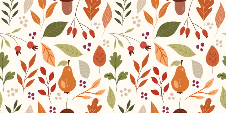 Autumn seamless pattern with plants for decoration. Different colored leaves