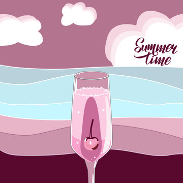 Vector Illustration With Pink Mimosa Cocktail And Seascape And Text Summer Time In Flat Technique 