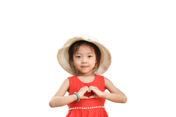 Child girl wearing red shirts and a straw hat on transparent background - PNG format.