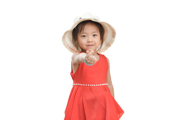 Child girl wearing red shirts and a straw hat on transparent background - PNG format.