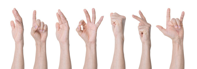 Set of Man hand gestures isolated on transparent background - PNG format.
