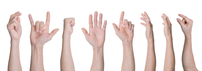 Set of Man hand gestures isolated on transparent background - PNG format.