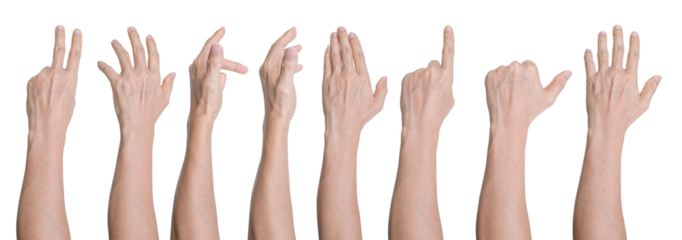 Set of Man hand gestures isolated on transparent background - PNG format.