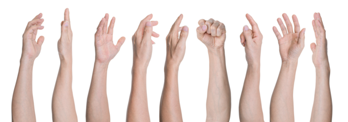 Set of Man hand gestures isolated on transparent background - PNG format.