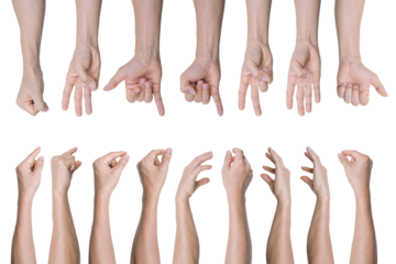 Set of Man hand gestures isolated on transparent background - PNG format.