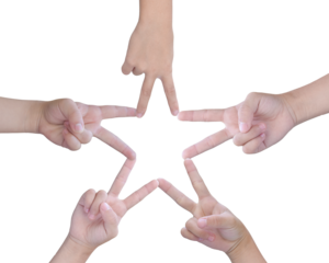Child hands uniting their to make star shape with fingers, Isolated on transparent background - PNG format.