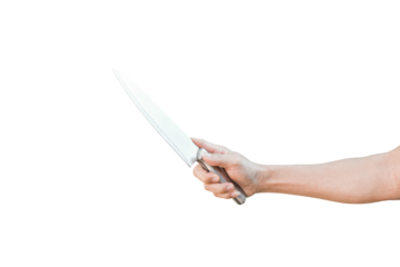 hand holding stainless knife isolated on transparent background - PNG format.