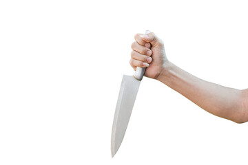 hand holding stainless knife isolated on transparent background - PNG format.
