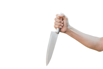 hand holding stainless knife isolated on transparent background - PNG format.