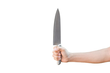 hand holding stainless knife isolated on transparent background - PNG format.