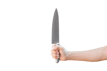 hand holding stainless knife isolated on transparent background - PNG format.