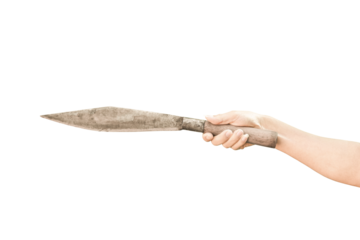 hand holding stainless knife isolated on transparent background - PNG format.