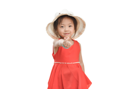 Child girl wearing red shirts and a straw hat on transparent background - PNG format.