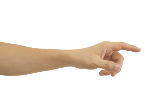 Man's hand pointing at something isolated on transparent background - PNG format.