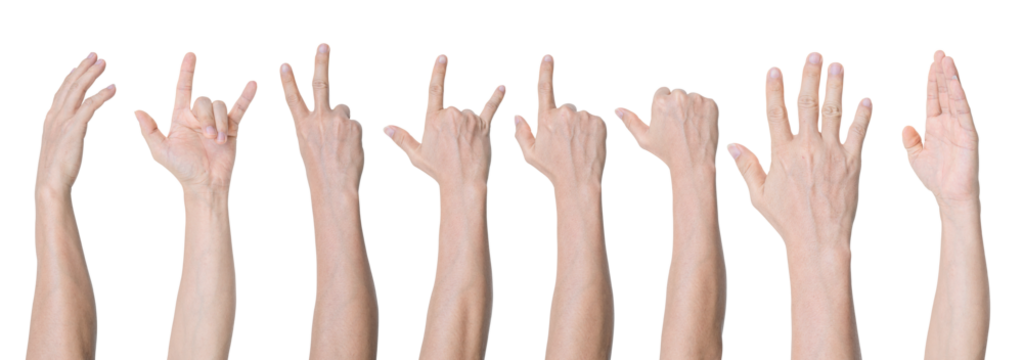 Set of Man hand gestures isolated on transparent background - PNG format.