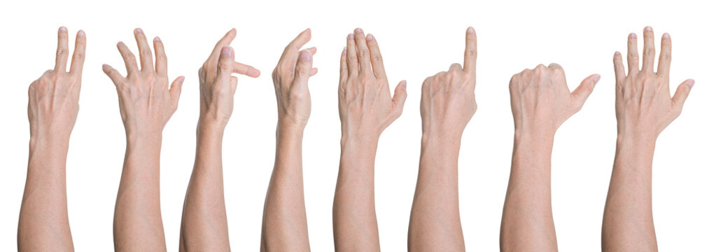 Set of Man hand gestures isolated on transparent background - PNG format.