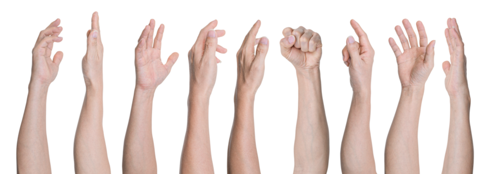 Set of Man hand gestures isolated on transparent background - PNG format.