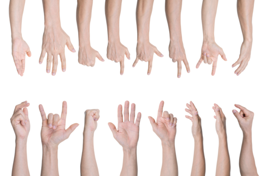 Set of Man hand gestures isolated on transparent background - PNG format.
