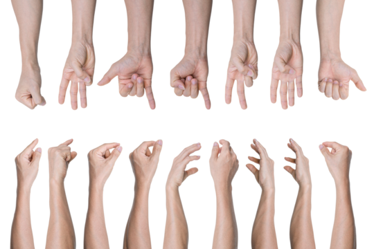 Set of Man hand gestures isolated on transparent background - PNG format.