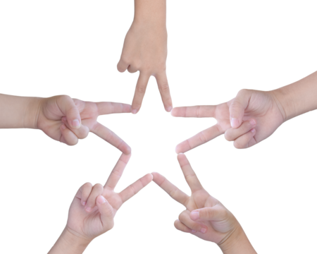 Child hands uniting their to make star shape with fingers, Isolated on transparent background - PNG format.