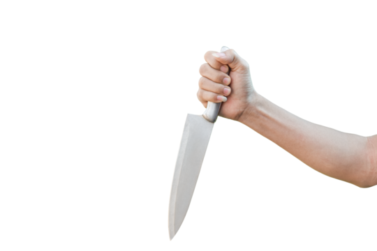 hand holding stainless knife isolated on transparent background - PNG format.