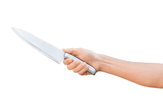hand holding stainless knife isolated on transparent background - PNG format.