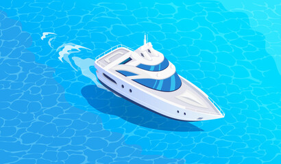 Isometric white boat in ocean water vector illustration - obrazy, fototapety, plakaty