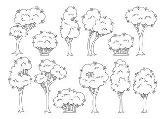 Naklejka premium Trees and shrub doodle cartoon set. Abstract linear evergreen stylized plant botanical collection, nature eco bush. Deciduous tree with leaves and lush crowns. Green park, forest landscape vector