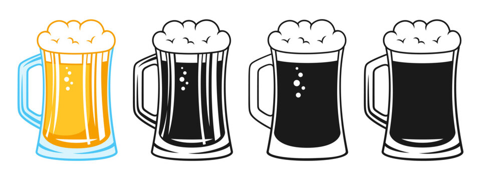 Beer mugs retro sign set. Brewery, pub beer festival, vintage Oktoberfest engraving. Glass golden light alcohol lager ale. Design icon or etching, linear doodle symbol mug bar menu, invitation party