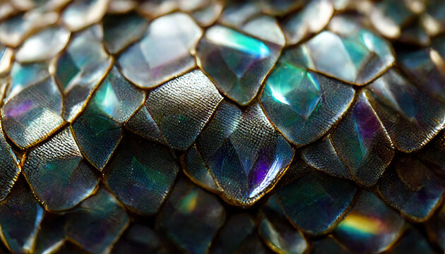 Closeup spectacular snake skin abstract crystal metal mineral texture stone colorful pattern iridescent and shiny scale background. Digital art 3D illustration. High resolution.