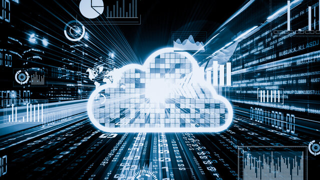 Cloud computer and online data storage with tacit intelligent sharing software . Concept of smart digital transformation and technology disruption that changes global trends in new information era .