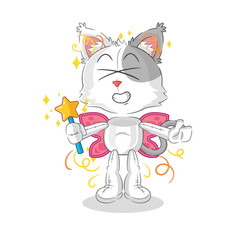 cat fairy with wings and stick. cartoon mascot vector