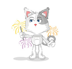 cat with fireworks mascot. cartoon vector