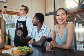 Couple and chef with glass of red wine alcohol and happy drinking portrait at a luxury restaurant. Sommelier with best, fine or quality wine tasting drink for food, culinary or hospitality industry - obrazy, fototapety, plakaty