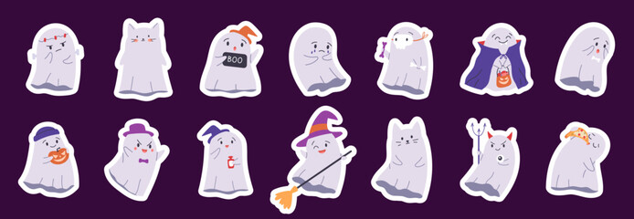 Cute Halloween stickers with spooky phantom set. Happy ghosts characters for children. Flat vector stickers