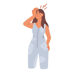 Woman suffers from a headache. Migraines and fatigue. Symptom of a viral disease. Woman with tired or depression symptoms. Isolated vector illustration