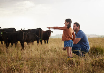 Family, dairy farming and farmer with child, daughter and girl pointing, showing and watching cows...