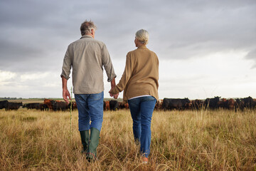 Mature couple holding hands and walking on a cattle farm, bonding and having a stress free day...