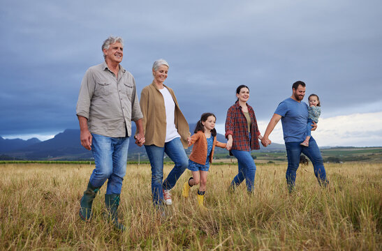 Big Happy Family Walking On Field, Meadow And Countryside In Nature To Relax, Bond And Holding Hands In Love, Trust And Support. Generation Of Grandparents, Parents And Kids Having Fun Outside