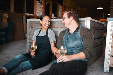 Laughing couple, wine tasting date and drinking alcohol with glasses in remote farm distillery, winery estate or countryside. Happy, flirt or bonding interracial man and woman enjoying vineyard drink - Powered by Adobe