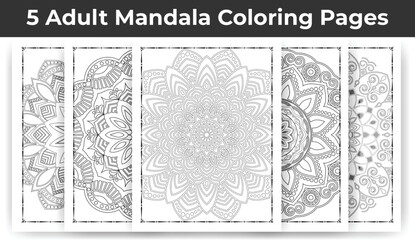 05 Adult Mandala Coloring Page Bundle for KDP Interior.
Adult coloring page interior. Arabic style mandala pattern set design. Coloring page interior. Black and white mandala ornament bundle.