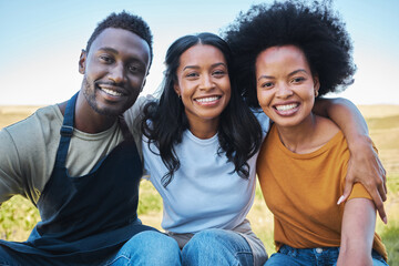 Diversity, black afro friends hugging, bonding and smile together outside. Happy group of people enjoying vacation and having fun during summer with friendship on their holiday and nature travel