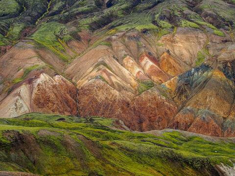 brant rhyolite mountains with layered colors and green mossy vegetation in Landmannalaugar, Iceland