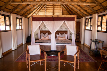 interior of a luxury camp hotel room in desert of africa