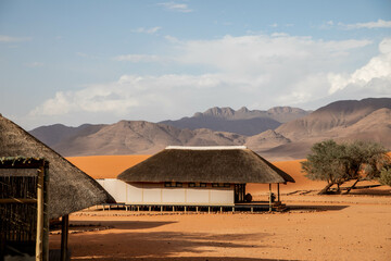 thatched roof on resort buildings in the desert of namibia - obrazy, fototapety, plakaty