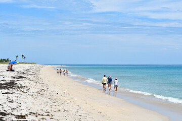 Groups of people walking along a quiet, uncrowded beach in Vero Beach, Florida on Hutchinson Island